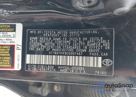 2012 Toyota Camry Hybrid Xle из США, поврежденный, VIN 4T1BD1FK9CU007467